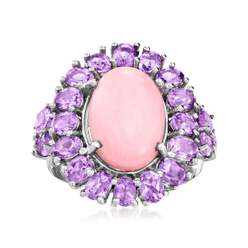 Sterling silver ring with oval pink opal centerpiece and purple amethyst halo