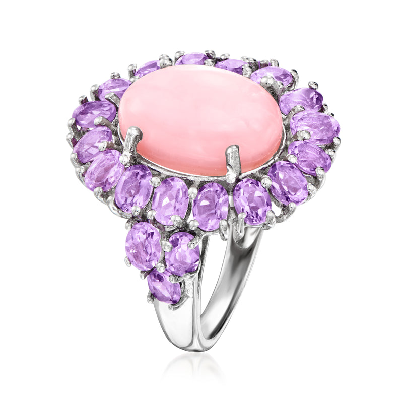 Sterling silver ring with oval pink opal and prong-set purple amethyst halo
