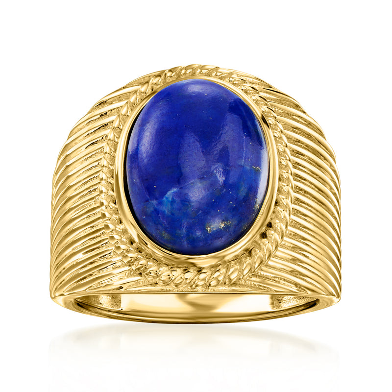 Gold-tone oval lapis ring with ornate filigree setting and ridged band