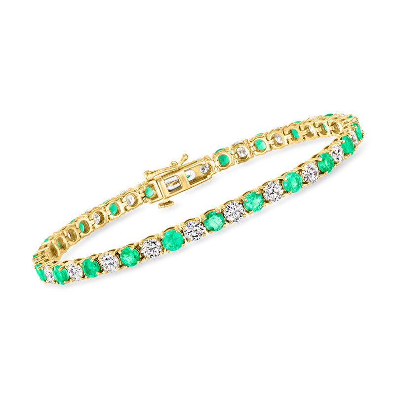 Yellow gold tennis bracelet with emerald green stones and white diamonds