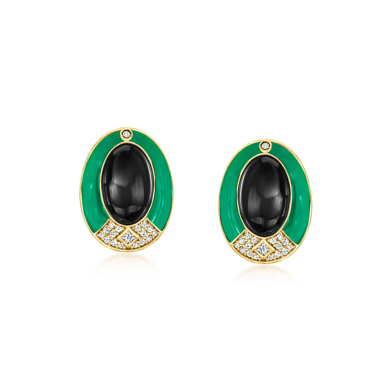 Art Deco-style post earrings with onyx, green enamel, and white topaz in gold-tone setting