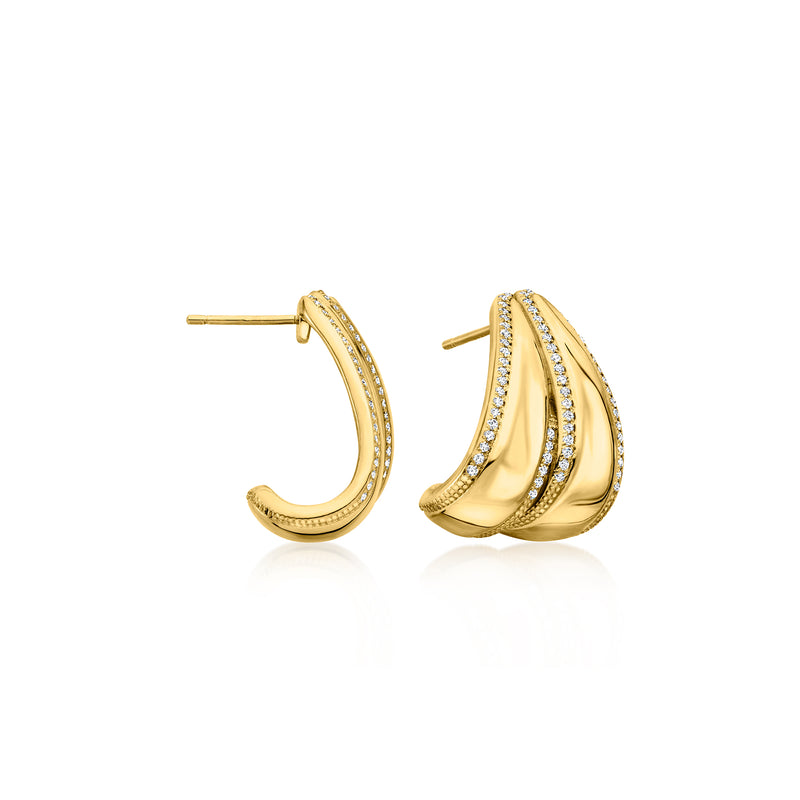 18kt gold over sterling hoop earrings with white gemstone accents, scalloped design