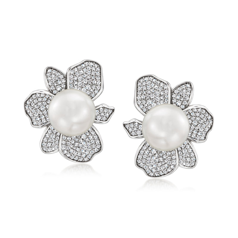 Sterling silver floral post earrings with shell pearl centers and CZ petals