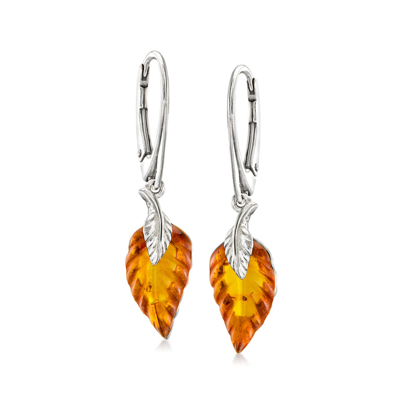 Sterling silver amber leaf drop leverback earrings with teardrop amber resin dangles