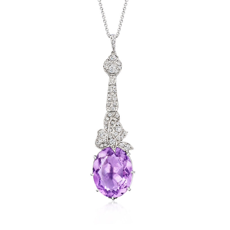 Platinum bow pendant necklace with oval purple amethyst and diamond accents