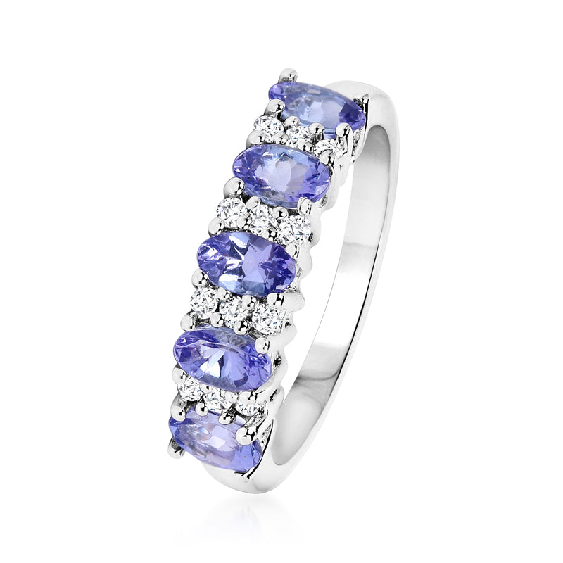 Sterling silver band ring with five oval blue stones and white topaz accents