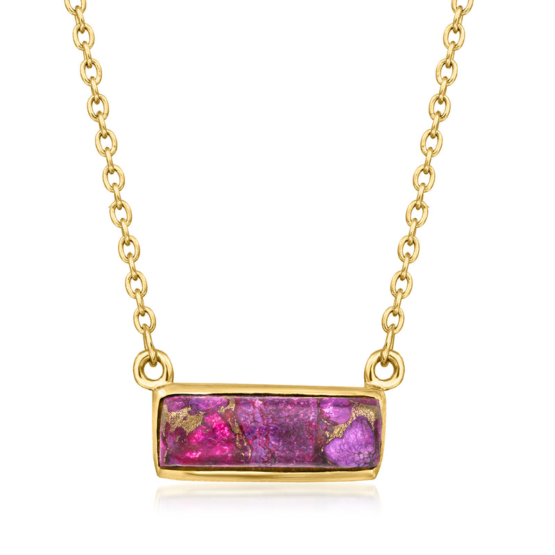 Gold-tone bar necklace with rectangular purple gemstone pendant