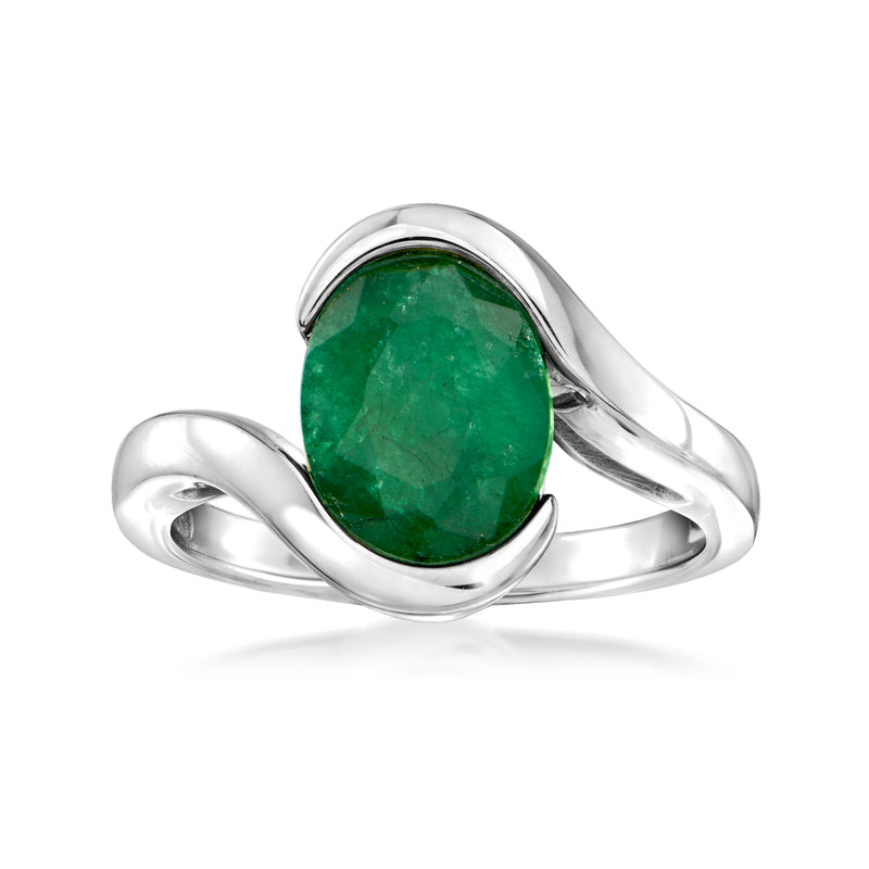 Sterling silver swirl ring with oval green emerald cabochon