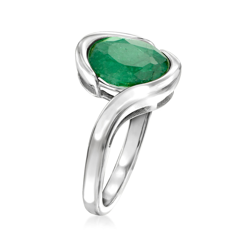 Sterling silver swirl ring with tilted oval green emerald cabochon