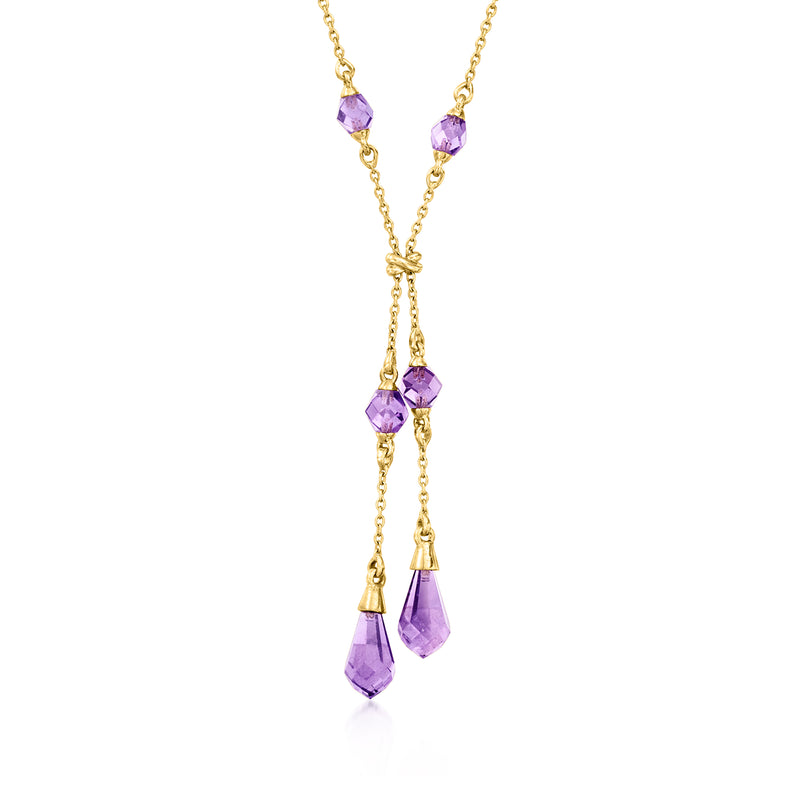Amethyst drop necklace in 14kt yellow gold with purple gemstone dangles