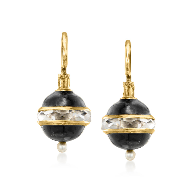 Vintage drop earrings in 14kt yellow gold, black enamel with clear crystal and seed pearls