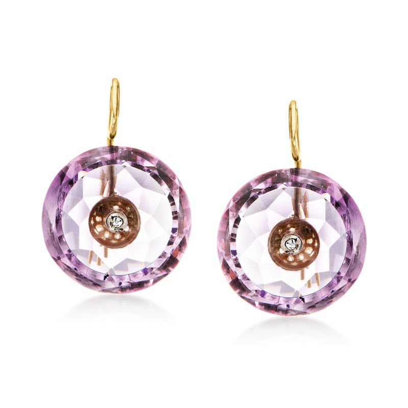 14kt yellow gold drop earrings with round purple amethyst and small diamond accents
