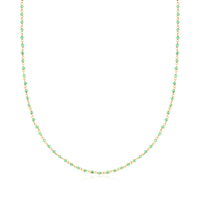 Emerald bead station necklace with 18kt yellow gold chain and small green beads