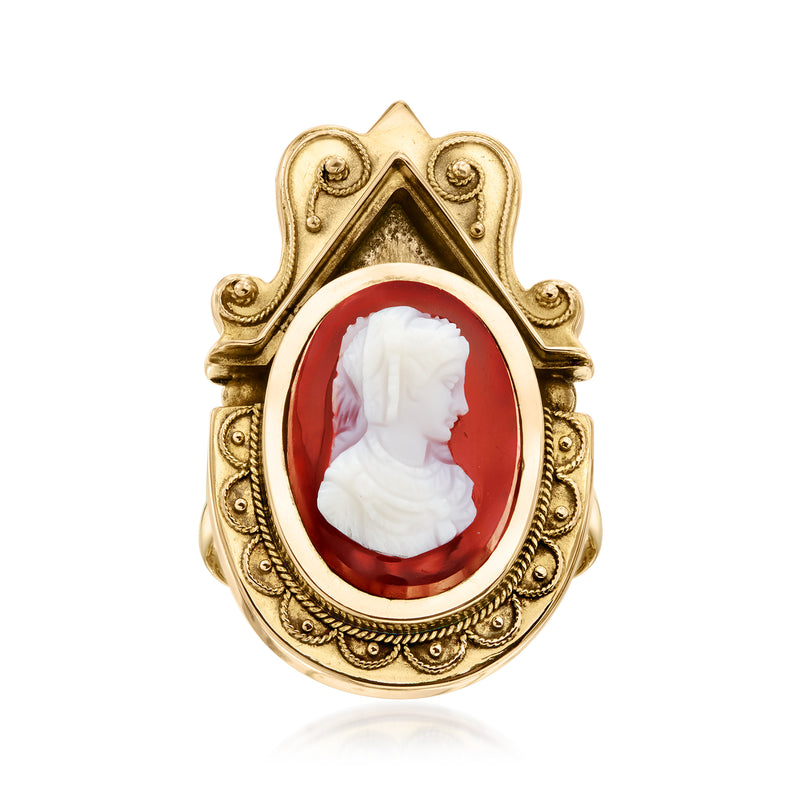 Vintage 14kt yellow gold ring with oval red agate cameo and white profile