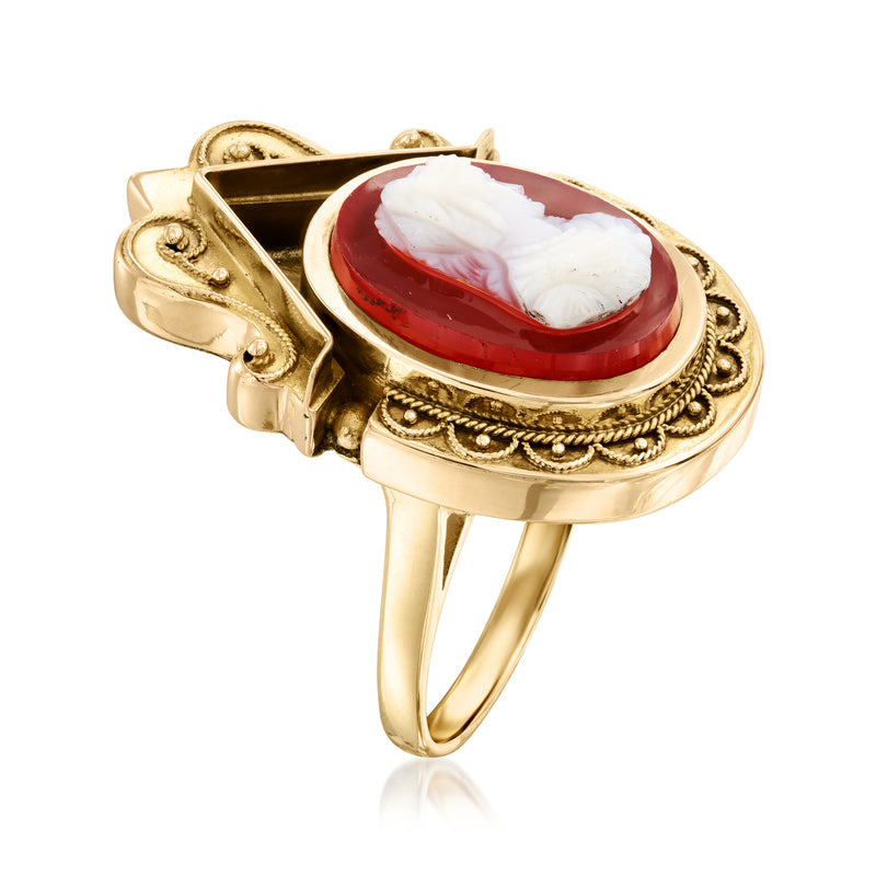 Vintage yellow gold cameo ring with oval red stone and white profile, side view