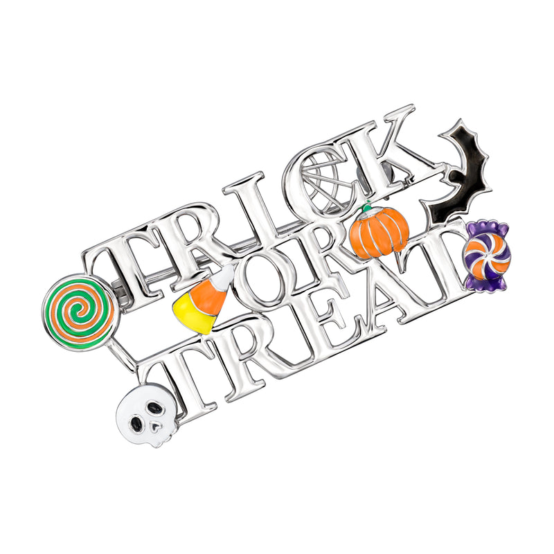 Sterling silver enamel Trick or Treat pin with pumpkin, lollipop, and candy icons in color