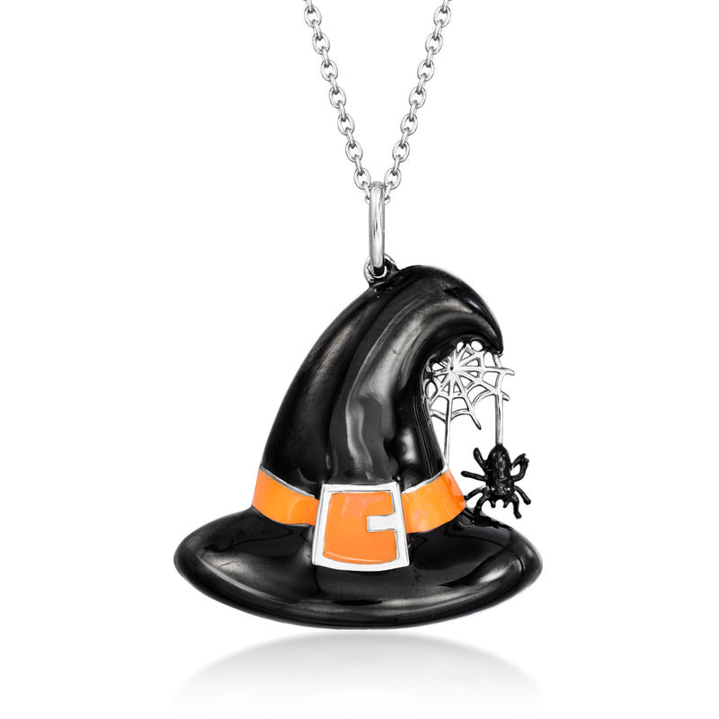 Enamel witch hat pendant necklace with black hat, orange buckle band, spider-web detail, silver chain
