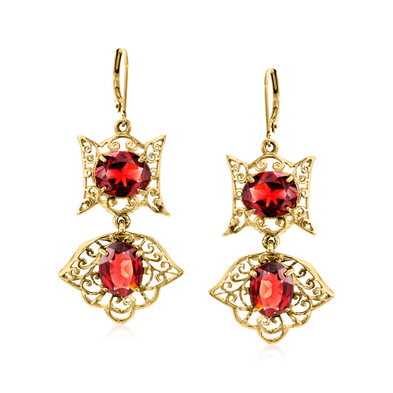 14kt yellow gold leverback drop earrings with red gemstone filigree drops