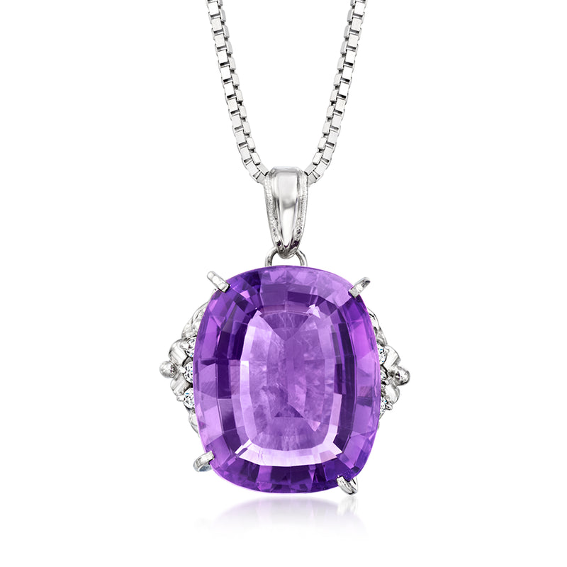 Vintage amethyst pendant necklace in platinum with cushion-cut purple stone and diamond accents