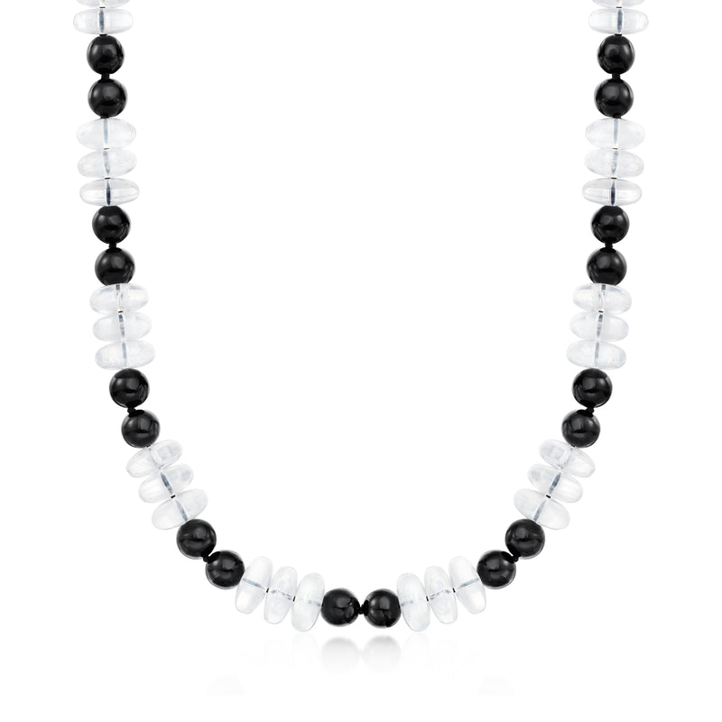 Vintage bead necklace with alternating black onyx and clear rock crystal beads