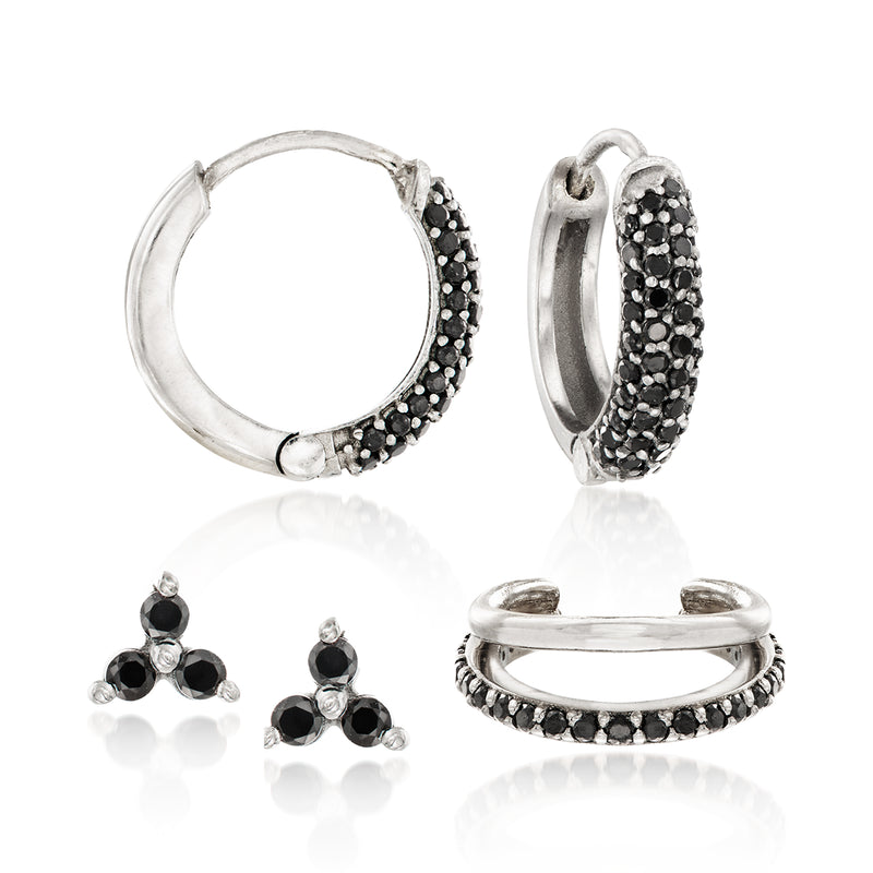 Sterling silver hoop earrings with black stone inlay, ear cuff and matching stud set
