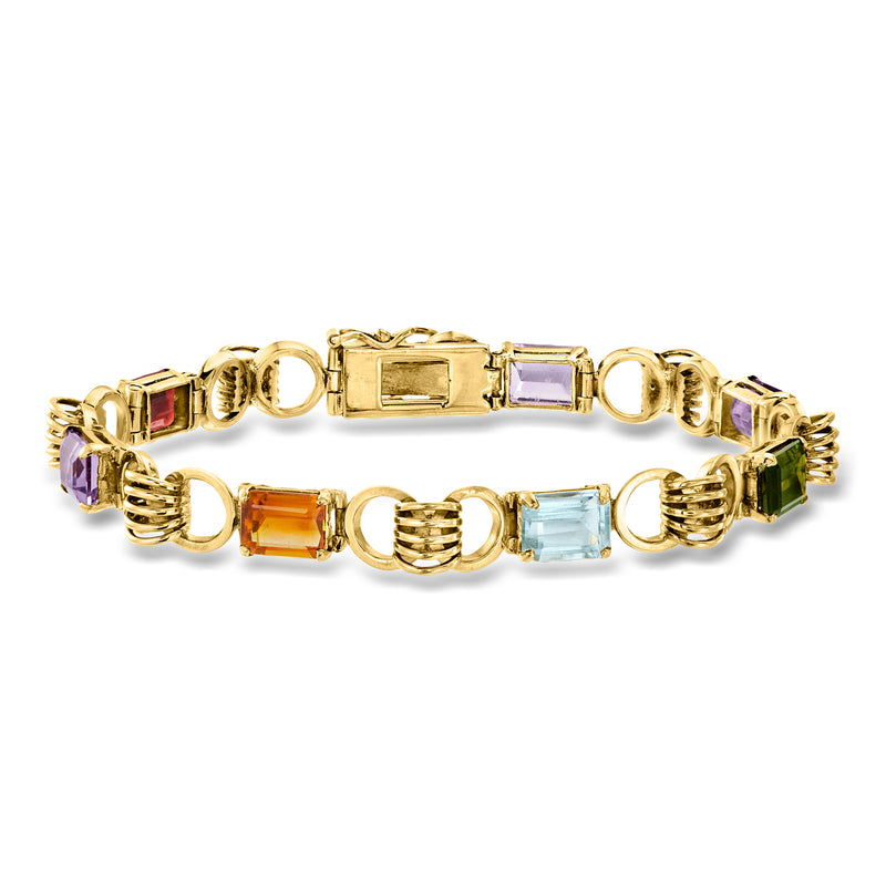 18k yellow gold multi-gem link bracelet with purple, orange, blue, and green stones