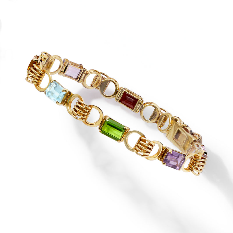 18k yellow gold bracelet links with rectangular purple, green, light blue, and dark red stones