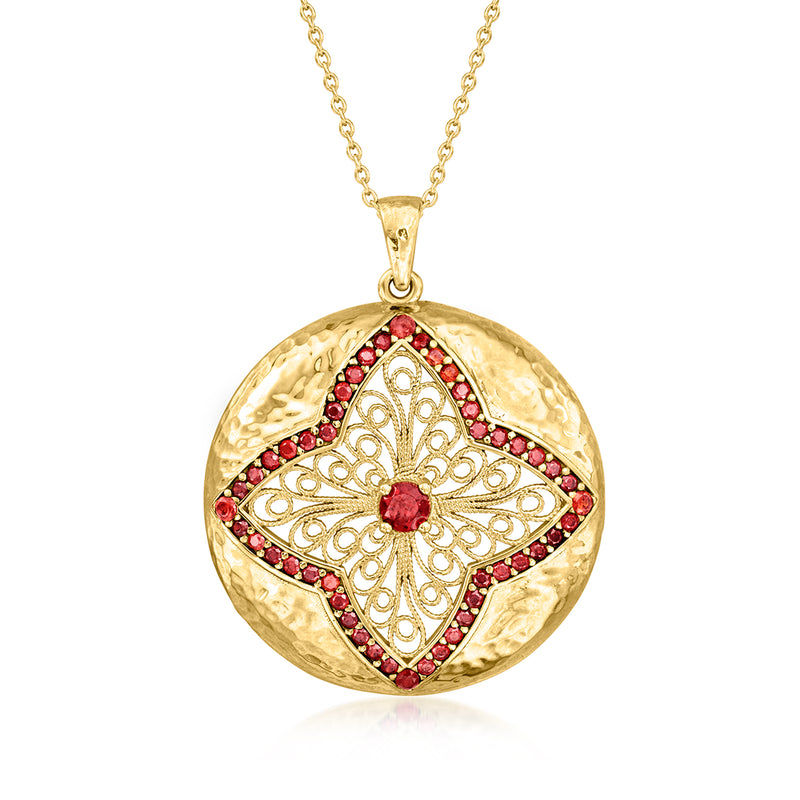 Garnet filigree pendant necklace in 18kt gold over sterling, red center stone