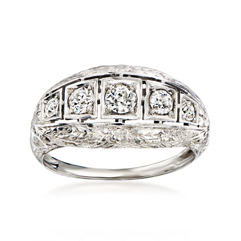 Vintage white gold diamond filigree ring with five round stones in rectangular settings