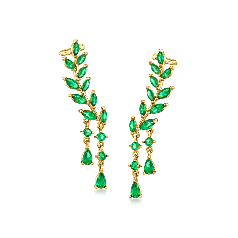 Gold drop earrings with green leaf-and-vine simulated emerald accents