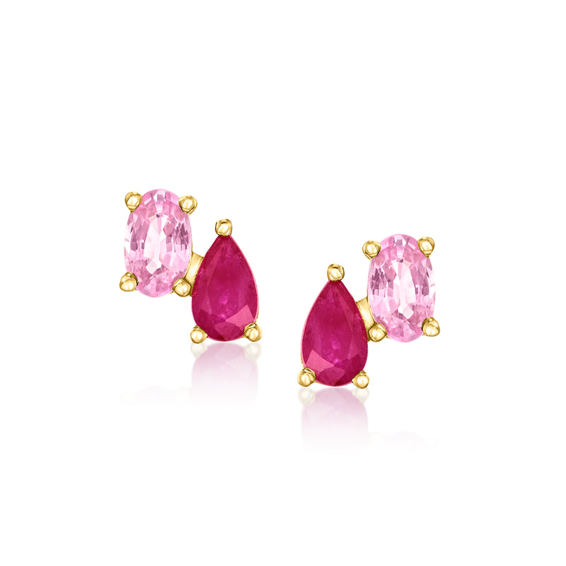 14kt yellow gold toi et moi stud earrings with pink sapphire and ruby gemstones