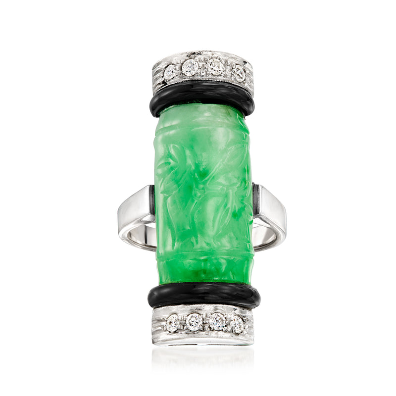 Vintage jade ring with black onyx and diamond accents in white gold