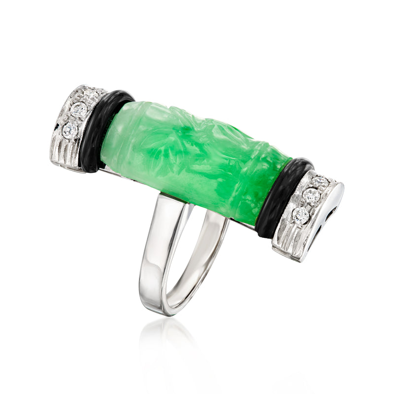 Green jade cylinder ring with black onyx accents and diamond bezel details, white gold