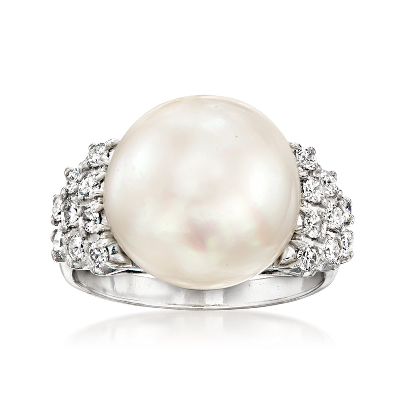 Platinum ring with large white cultured pearl center and diamond cluster shoulders