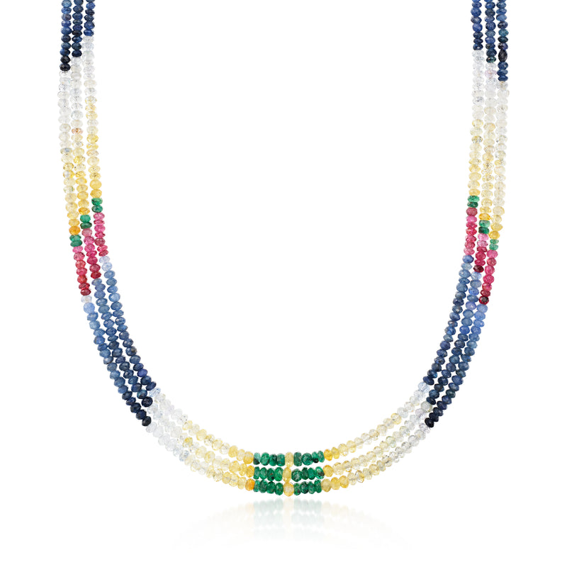 Multicolored bead necklace with blue, white and rainbow bead spacers