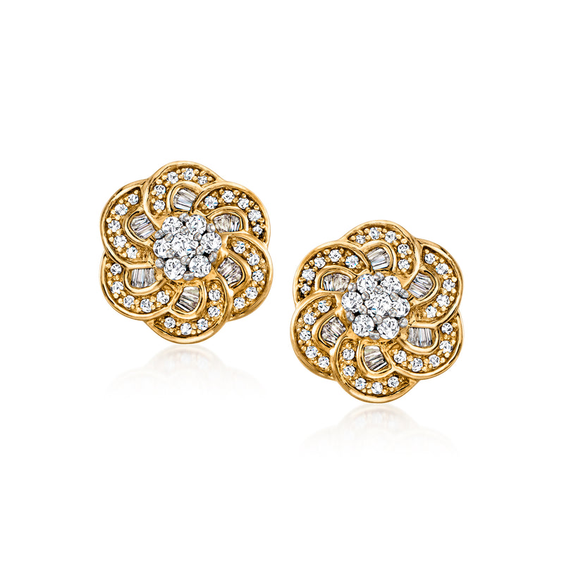 14k yellow gold diamond flower stud earrings with circular halo and post backs