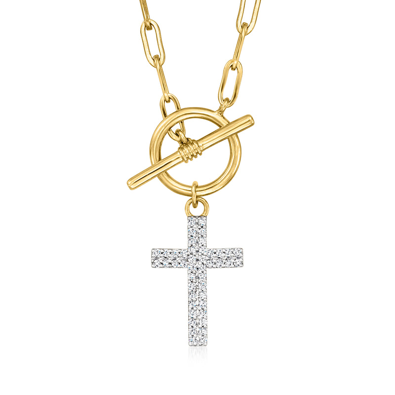 Gold paper clip link toggle necklace with diamond cross pendant