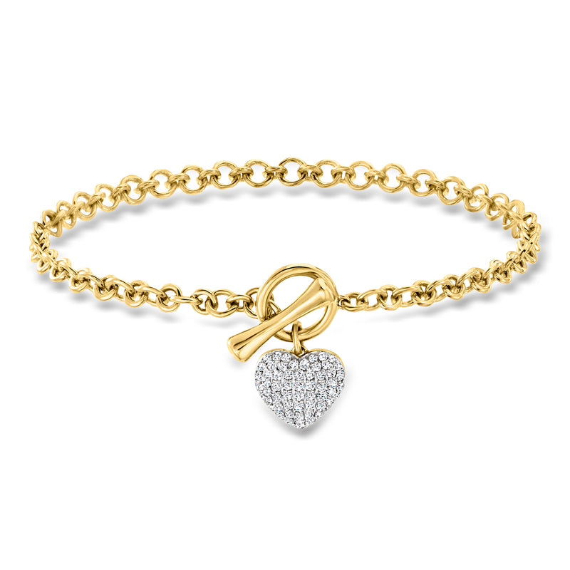 Gold over sterling chain bracelet with heart toggle and diamond pave heart charm