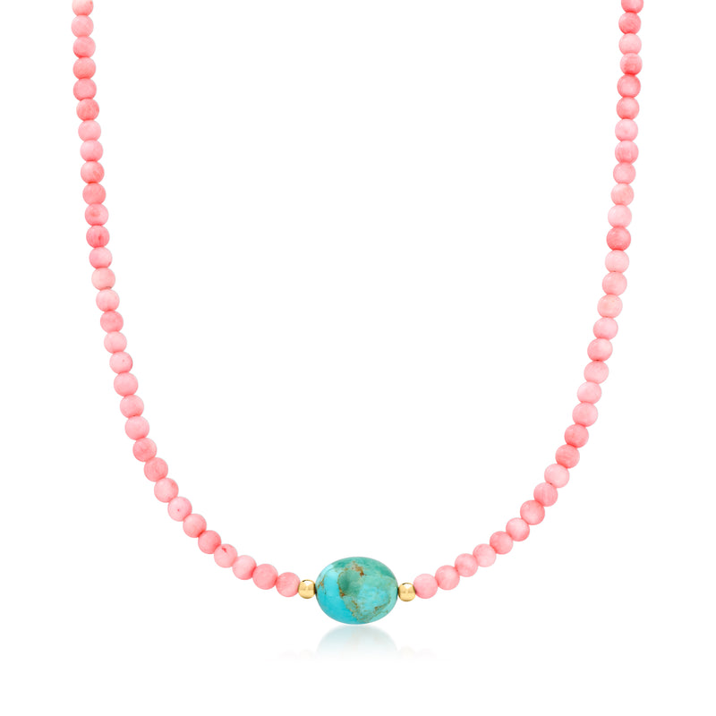 Pink coral bead necklace with turquoise oval center, 18kt gold over sterling accents