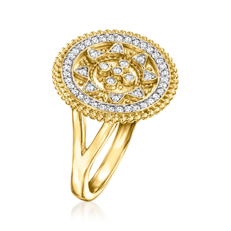 Gold-toned oval cluster ring top with prong-set round stones and beaded border