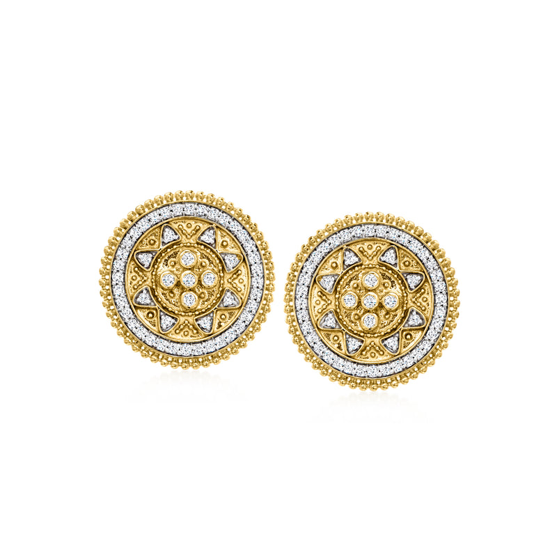 Round gold-tone diamond stud earrings with ornate Etruscan-style circular centerpiece, post backs