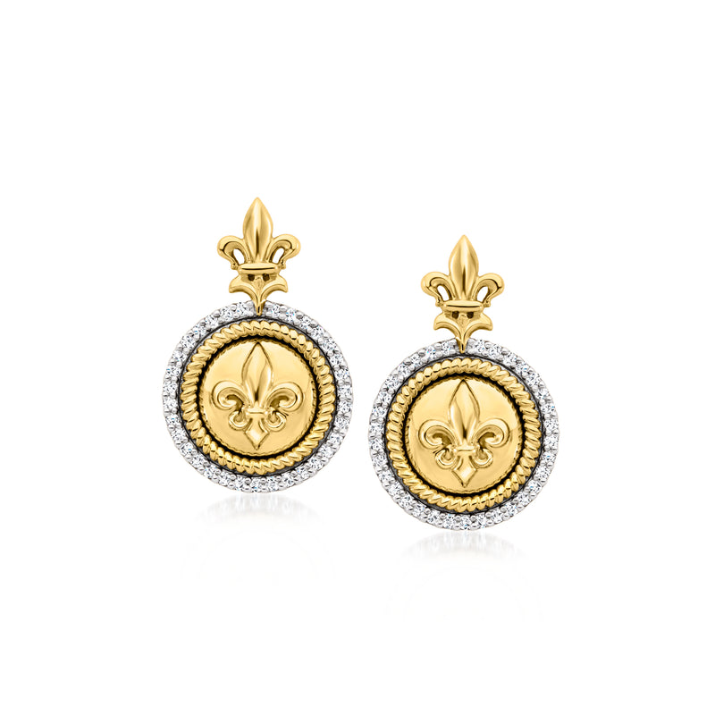 Gold-tone fleur-de-lis drop earrings with round diamond-like halo