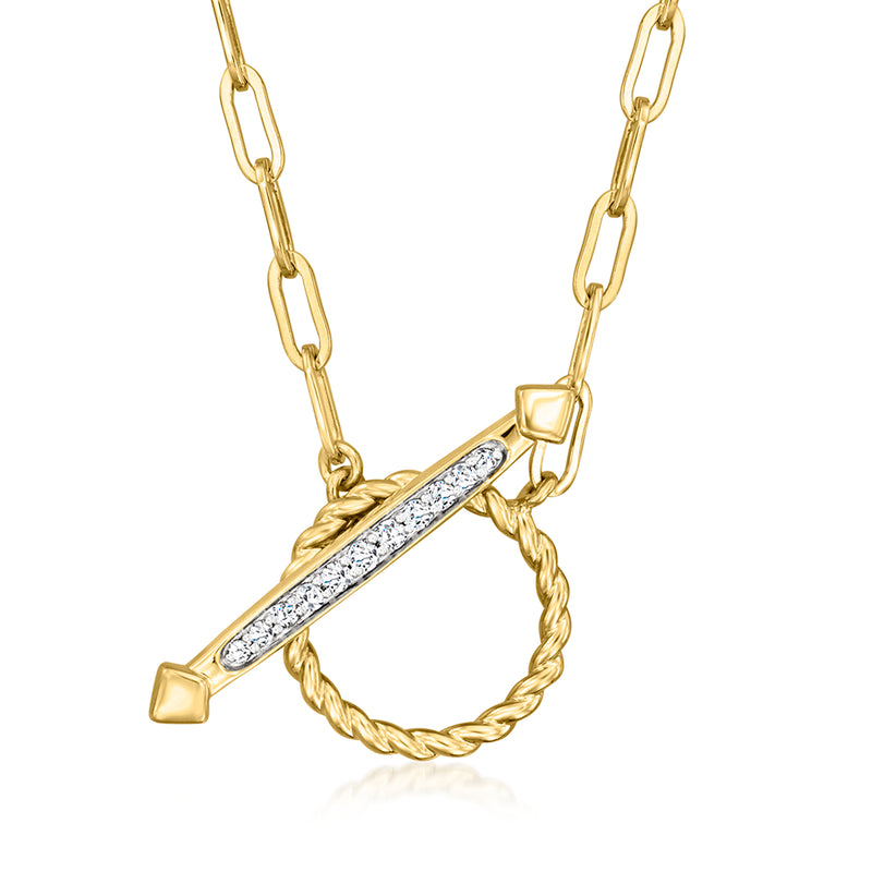 Gold paper clip link necklace with twisted ring and diamond-accent toggle clasp