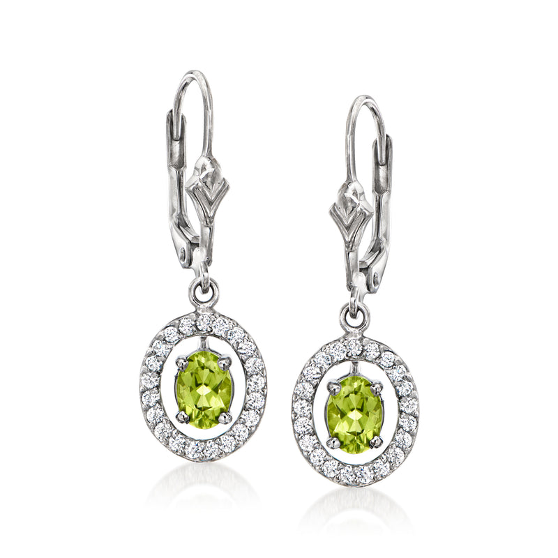 Peridot and diamond halo drop leverback earrings, 14kt white gold