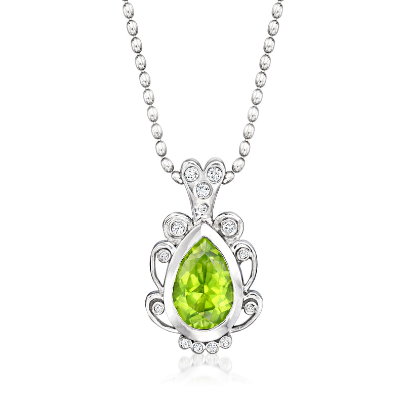 14kt white gold pendant necklace with green peridot oval center and diamond halo