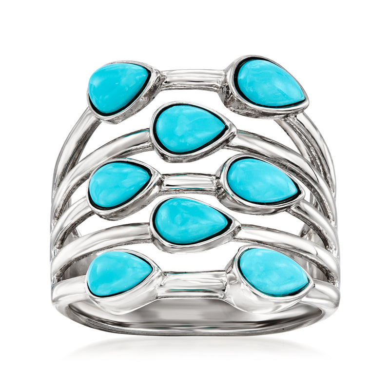 Sterling silver multi-row ring with oval turquoise cabochon stones