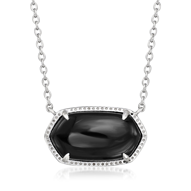 Sterling silver necklace with oval black onyx pendant and diamond-cut bezel