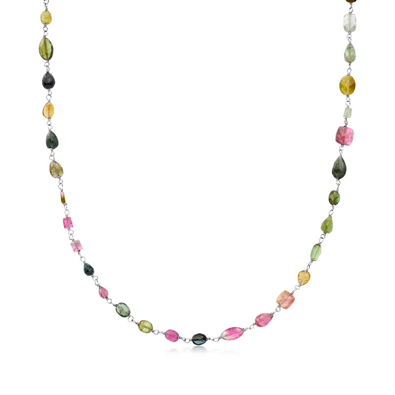 Sterling silver multicolored tourmaline bead necklace with oval and round gemstones
