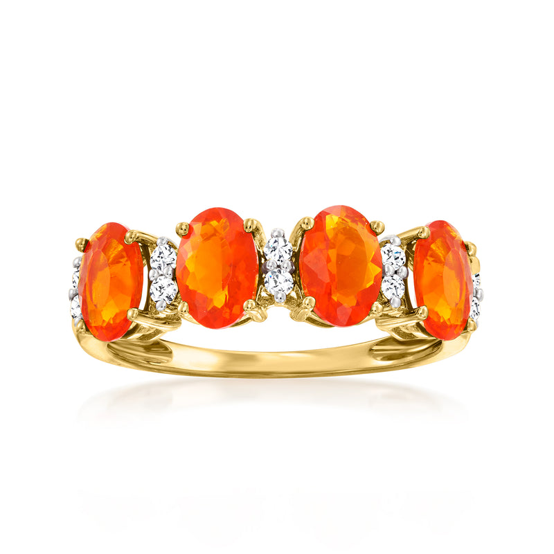 14kt yellow gold ring with oval fire opal center and small white diamond accents