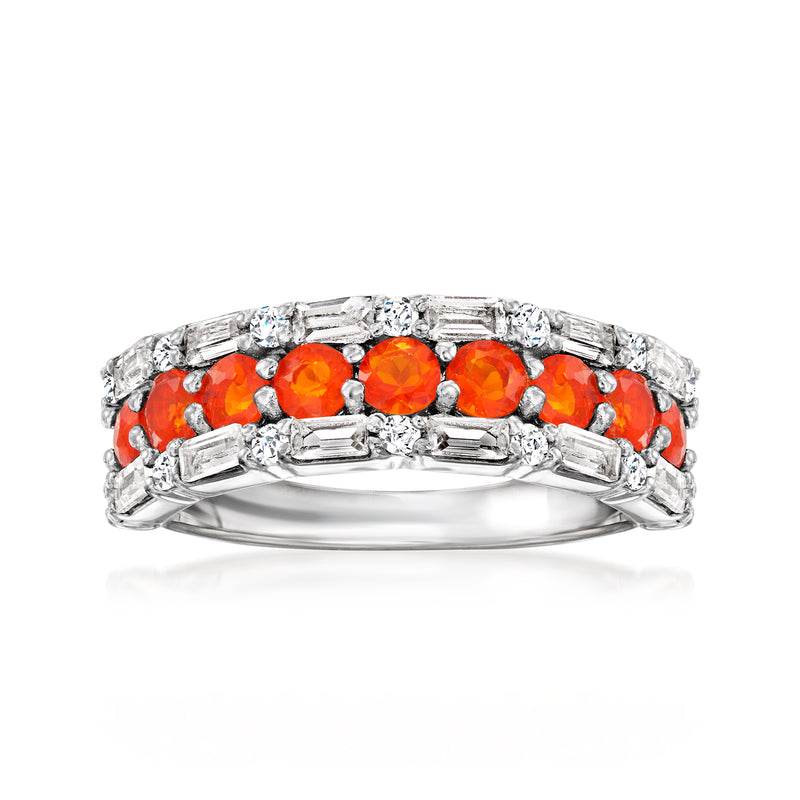 Sterling silver ring with orange round opal-style stones and clear side accents